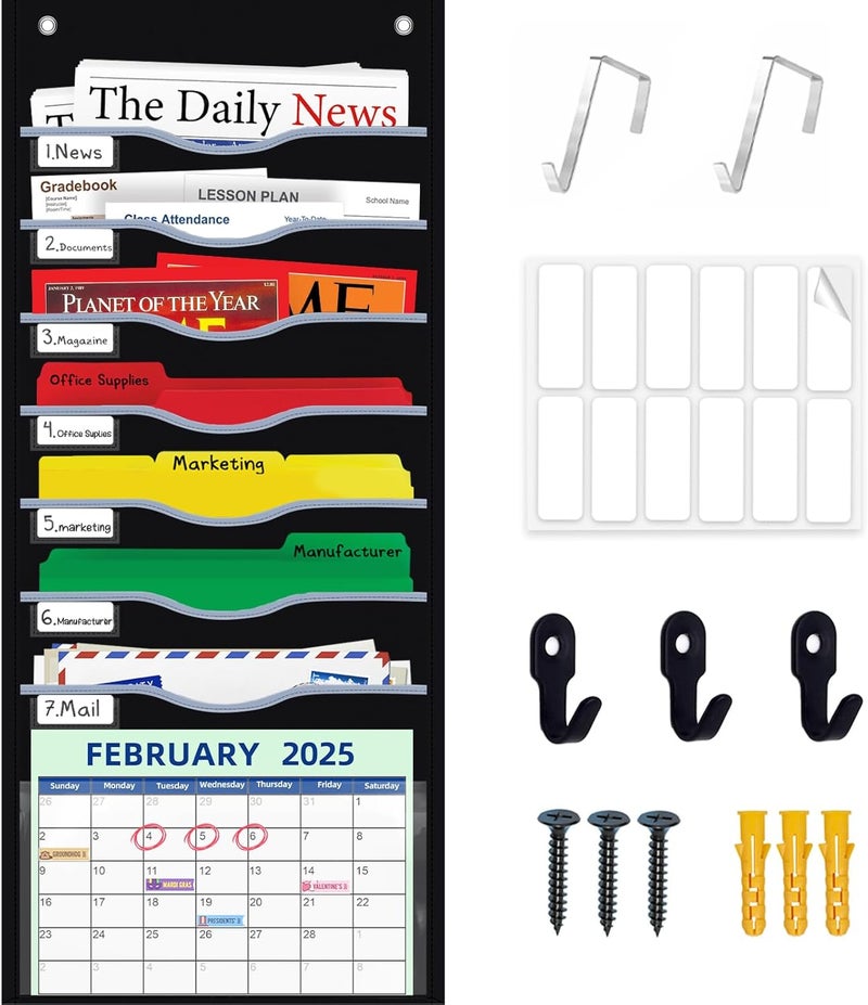 ALSLEA 8 Pockets Hanging Wall File Organizer for Legal/ Letter/ A4 Size Paper, Over the Door Organizer, Black Pocket Chart for Classroom, Office, Home Use with 12 Name Tags, 5 Hooks and Clear Calendar Pocket - Image 1